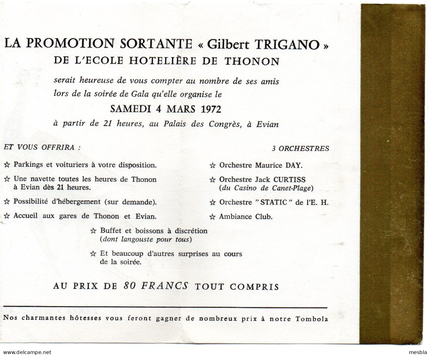 GALA De La PROMOTION  SORTANTE  " GILBERT  TRIGANO"  De L' ECOLE  HOTELIERE DE  THONON - EVIAN  4 Mars 1972. - Materiaal En Toebehoren