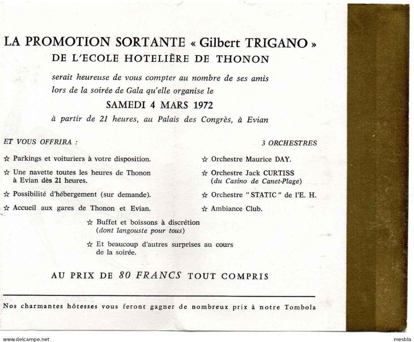 GALA De La PROMOTION  SORTANTE  " GILBERT  TRIGANO"  De L' ECOLE  HOTELIERE DE  THONON - EVIAN  4 Mars 1972. - Materiale E Accessori