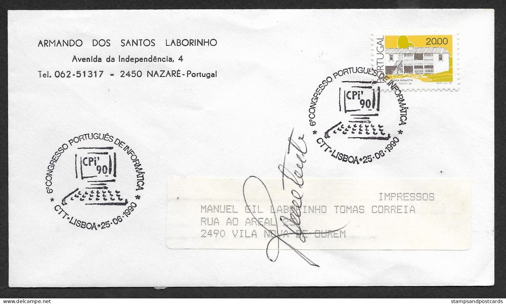 Portugal Lettre Retourné 1990 Cachet Commemoratif Informatique Ordinateur Event Pmk Informatics Computer Returned Cover - Informática