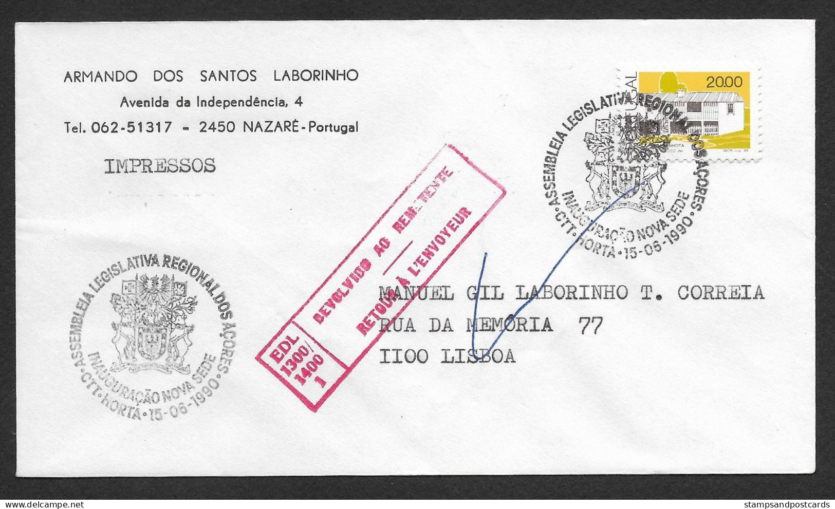 Portugal Lettre Retourné 1990 Cachet Commemoratif  Parlement Azores Horta Event Pmk Açores Parliament Returned Cover - Postal Logo & Postmarks