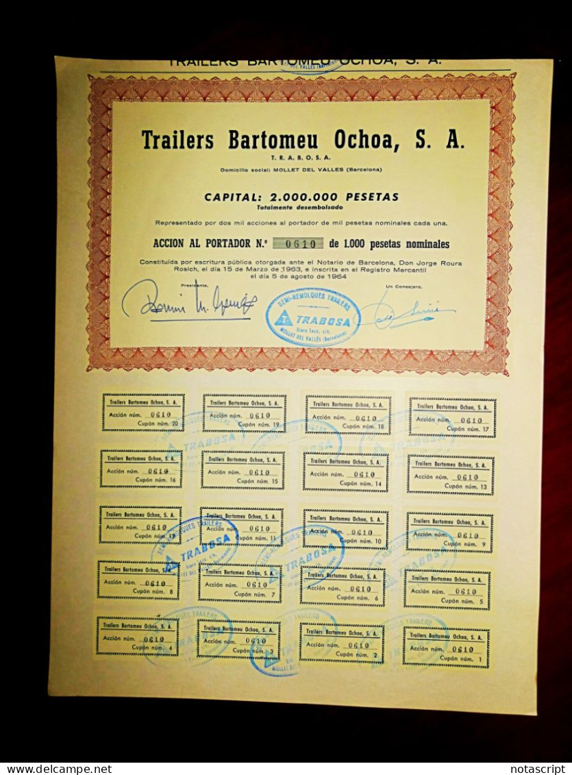 Trailers Bartomeu Ochoa ,SA TRABOSA ,Mollet Del Valles (Barcelona) 1964, Share Certificate - Transporte