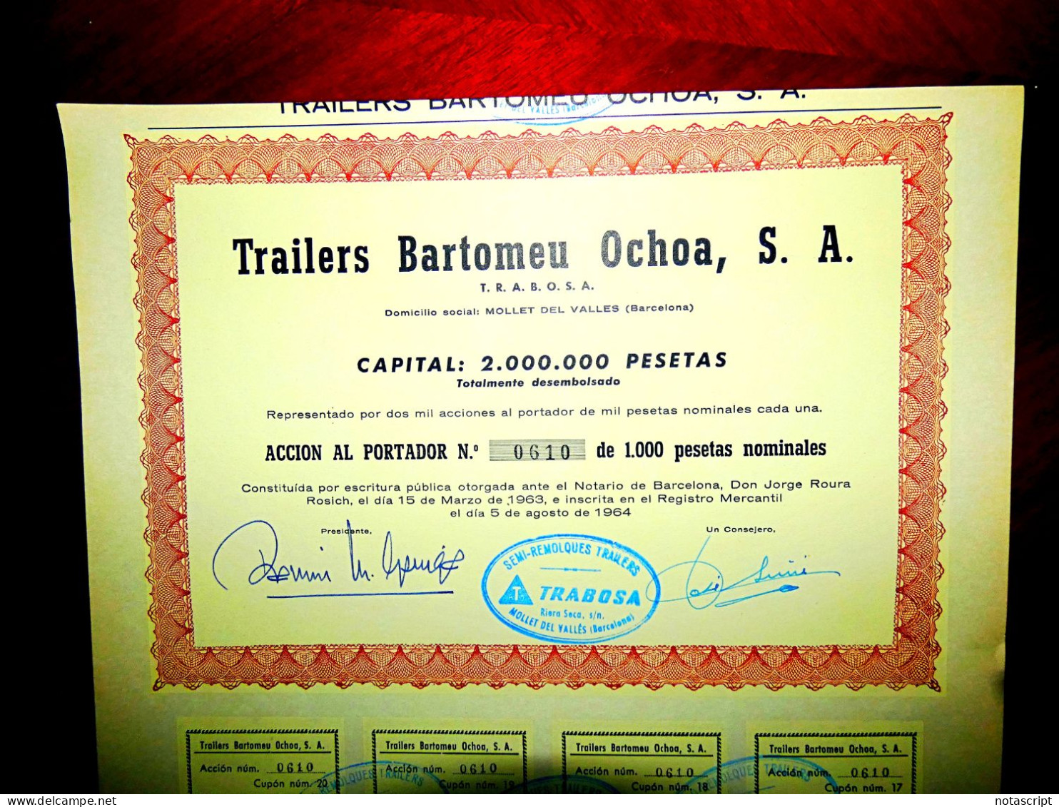 Trailers Bartomeu Ochoa ,SA TRABOSA ,Mollet Del Valles (Barcelona) 1964, Share Certificate - Transports