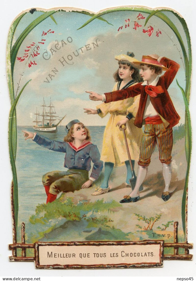 Chromo.publicité Chocolat Cacao Van Houten.enfants Regardant La Mer,voilier. - Van Houten