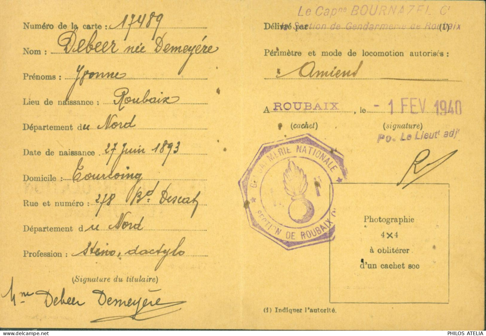 Guerre 40 Carte De Circulation Temporaire Tourcoing De Mai à Juin 1940 Cachet Gendarmerie Roubaix Nord - Guerre De 1939-45