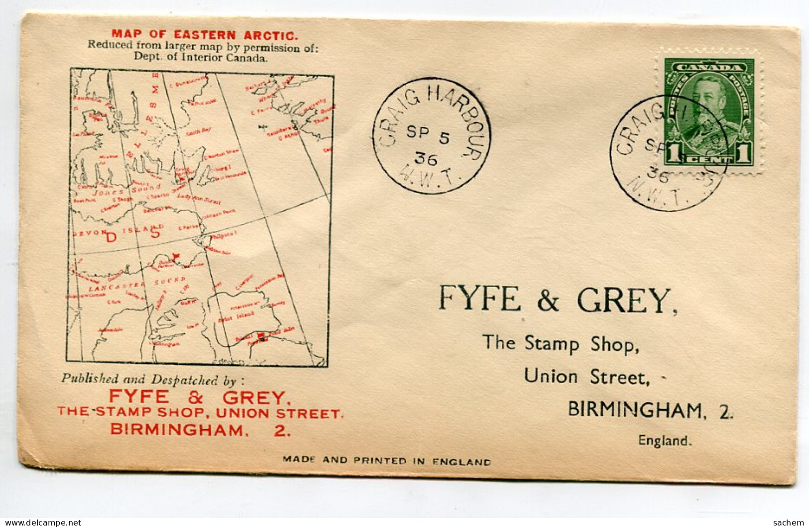 ANGLETERRE  BIRMINGHAM Enveloppe Illustrée FYFE And GREY The Stamp Shop Union Street  - Map Of Eastern Artic  1 D13 2023 - Birmingham