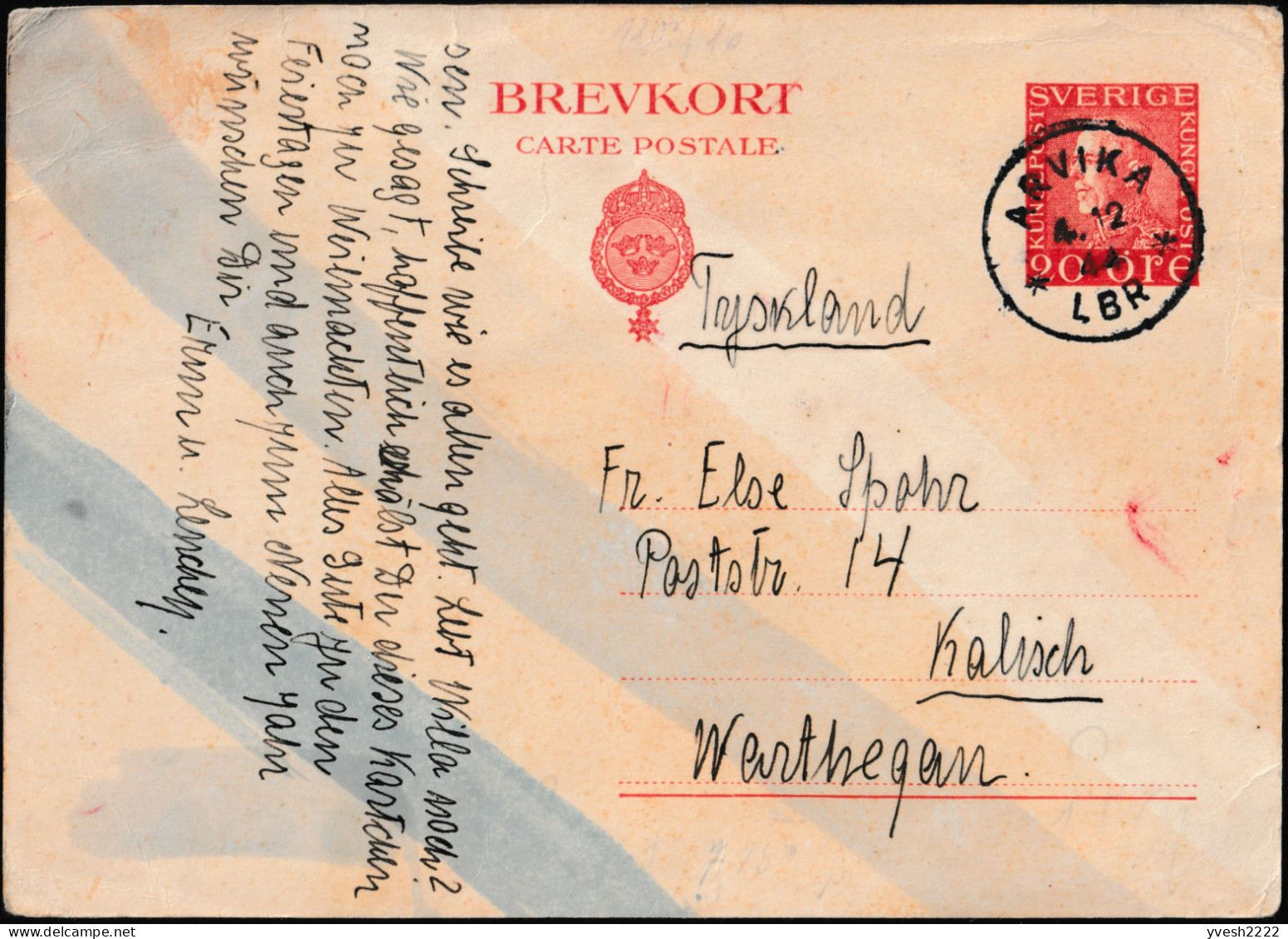 Suède 1944 Michel P51. Entier Postal Arvika à Kalisz, Pologne Occupée Par Les Nazis. Double Censure Chimique - Chemistry