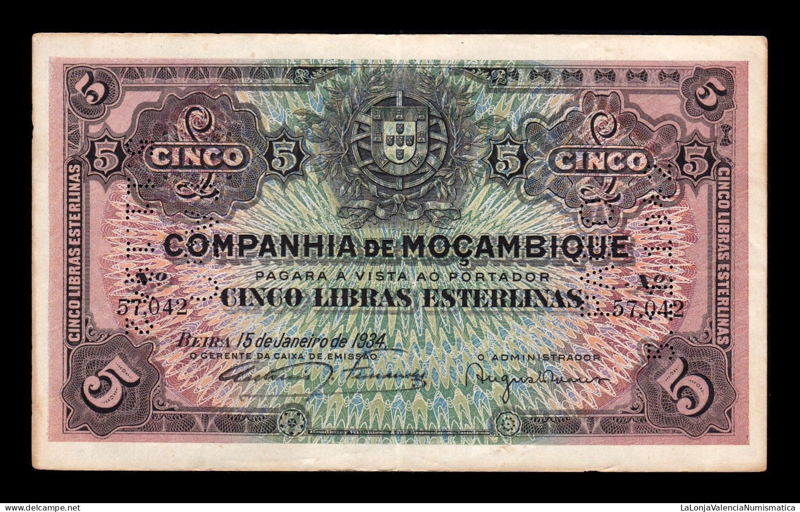 Mozambique Beira 5 Libras Esterlinas 1934 Pick R32 Ebc Xf - Moçambique