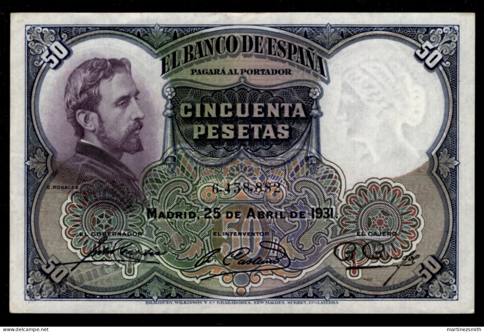Spain II Republic Banknote Year 1931 Eduardo Rosales Value 25 Pesetas Pick 82 - Condition AU - 50 Pesetas