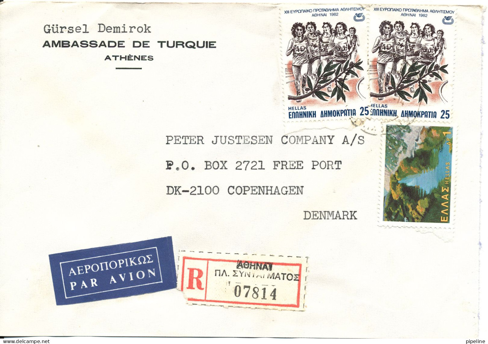 Greece Registered Cover Sent To Denmark 1982 Topic Stamps Sent From The Embassy Of Turkey Athens - Briefe U. Dokumente