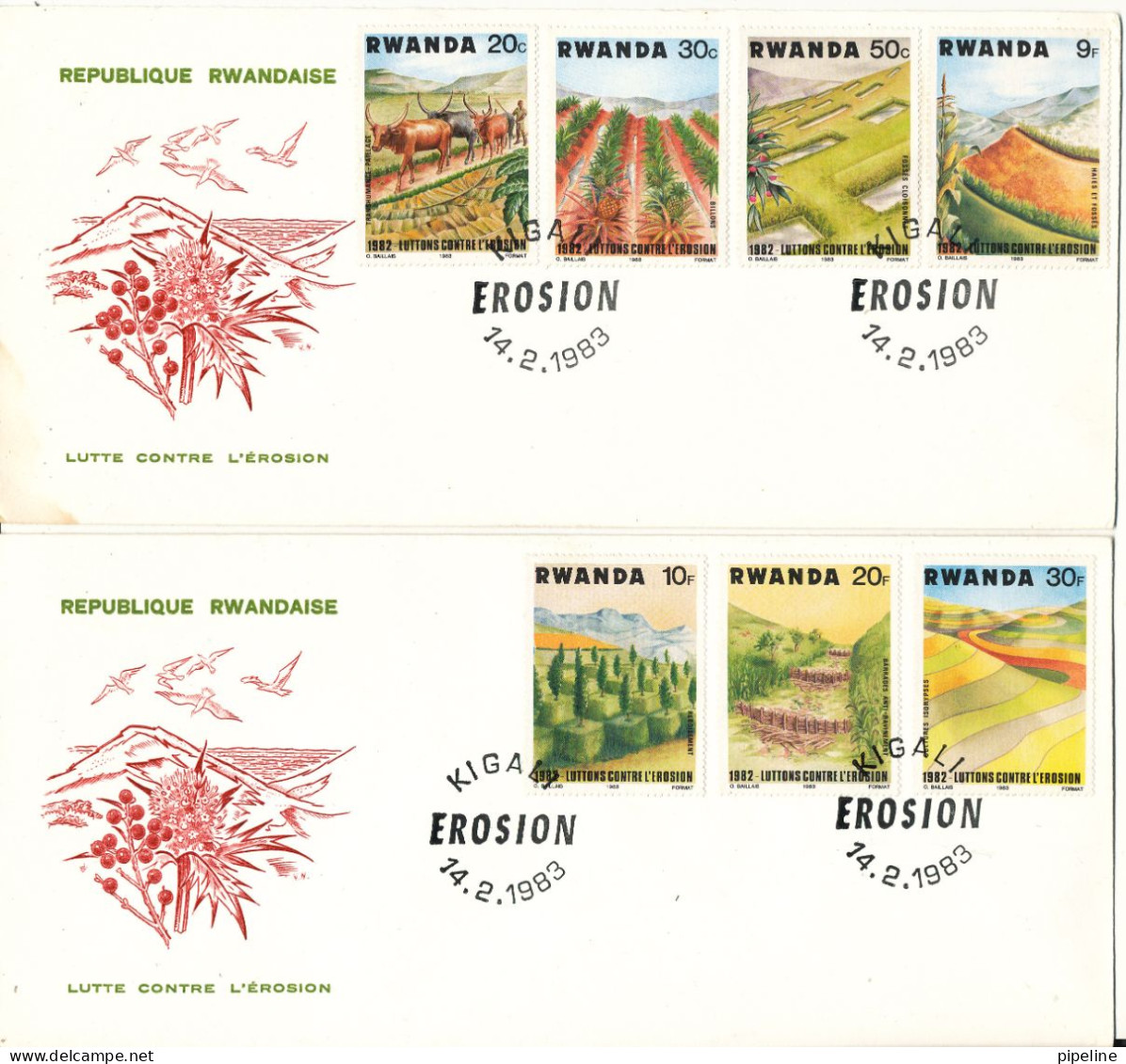 Rwanda FDC 14-2- 1983 Agriculture Complete Set Of 10 On 3 Covers With Cachet 1 Cover Have A Brown Stain In The Left Side - 1980-1989