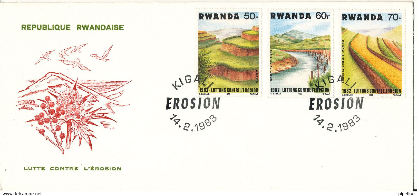 Rwanda FDC 14-2- 1983 Agriculture Complete Set Of 10 On 3 Covers With Cachet 1 Cover Have A Brown Stain In The Left Side - 1980-1989