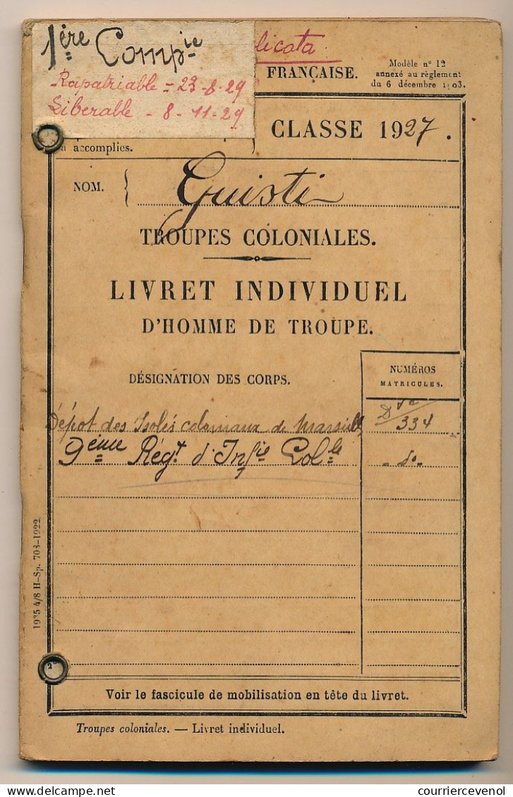 Livret Individuel - Troupes Coloniales - HANOI (Tonkin) + Carnet De Prêt Coopérative 9eme R.I.C + Congé Libérable - 1927 - Documents