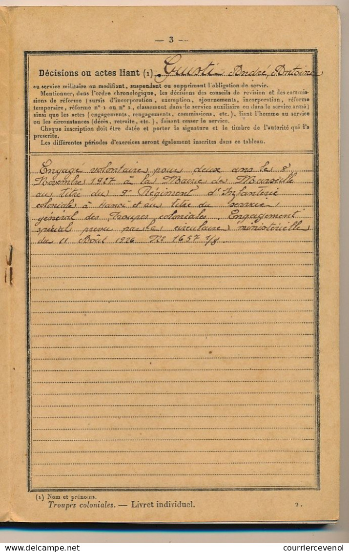 Livret Individuel - Troupes Coloniales - HANOI (Tonkin) + Carnet De Prêt Coopérative 9eme R.I.C + Congé Libérable - 1927 - Documents