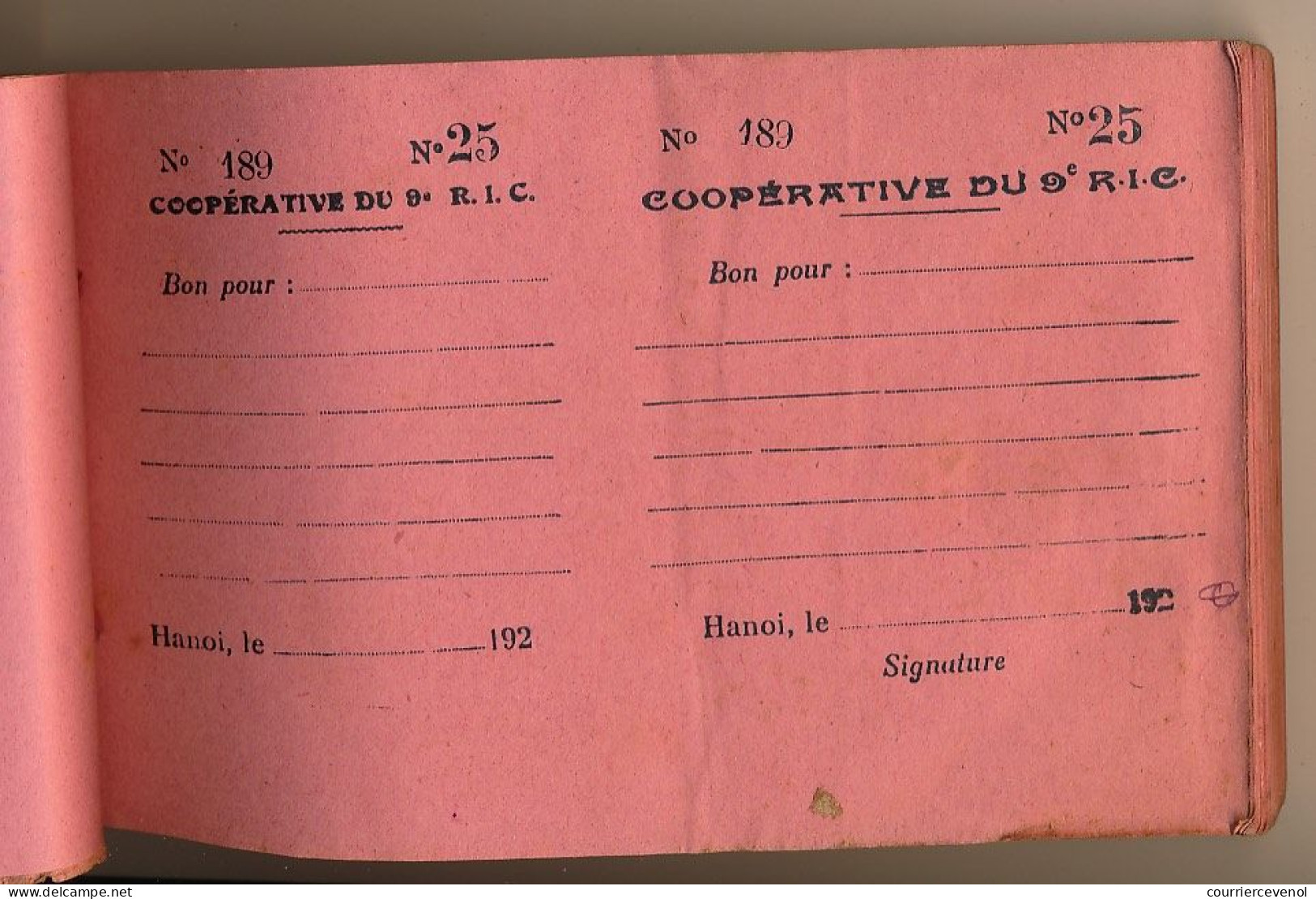 Livret individuel - Troupes Coloniales - HANOI (Tonkin) + Carnet de Prêt Coopérative 9eme R.I.C + Congé Libérable - 1927