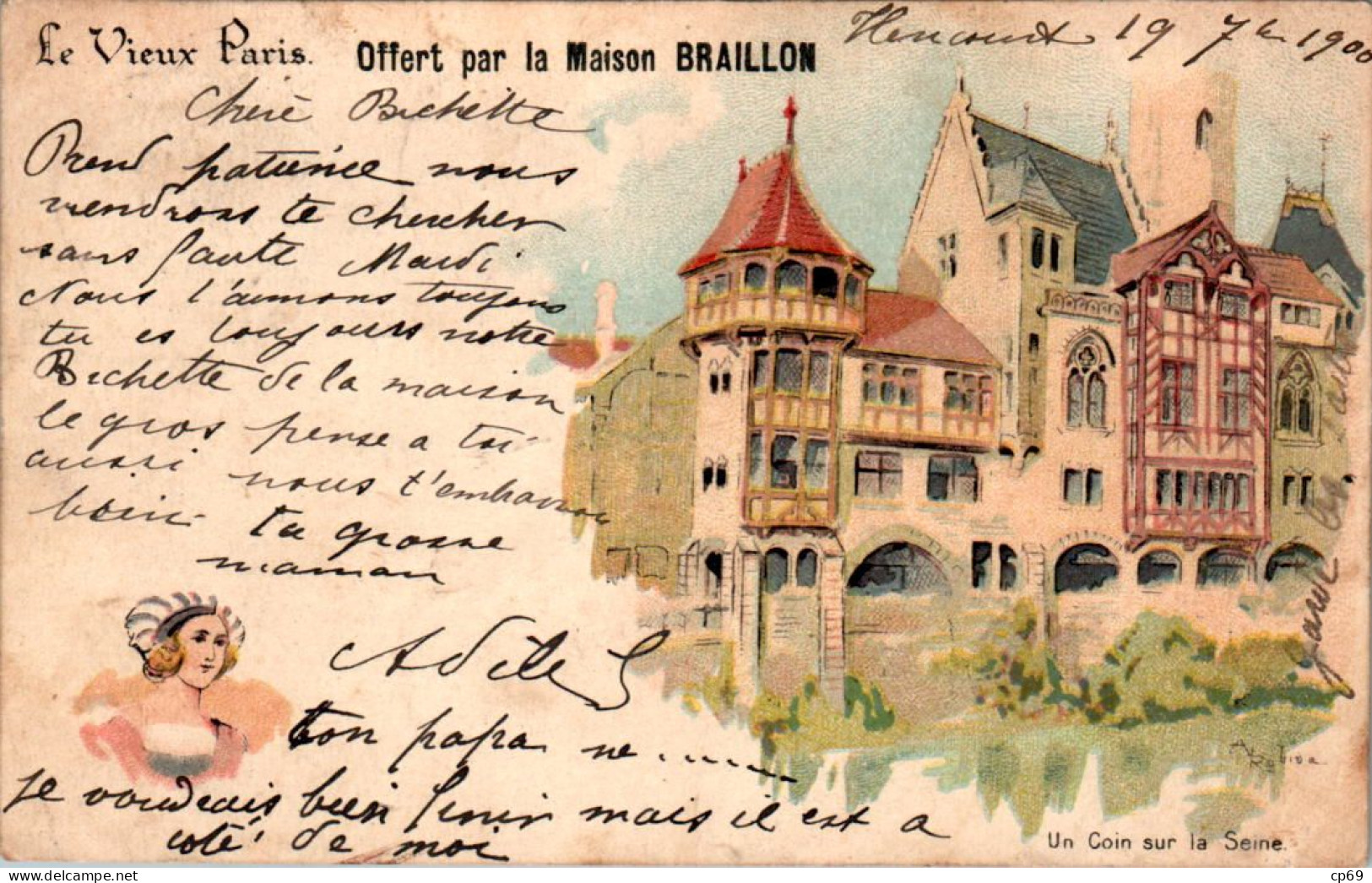 Albert Robida Le Vieux Paris Un Coin Sur La Seine Dos Non Divisé Cpa Couleur Voyagée En 1900 En B.Etat - Robida