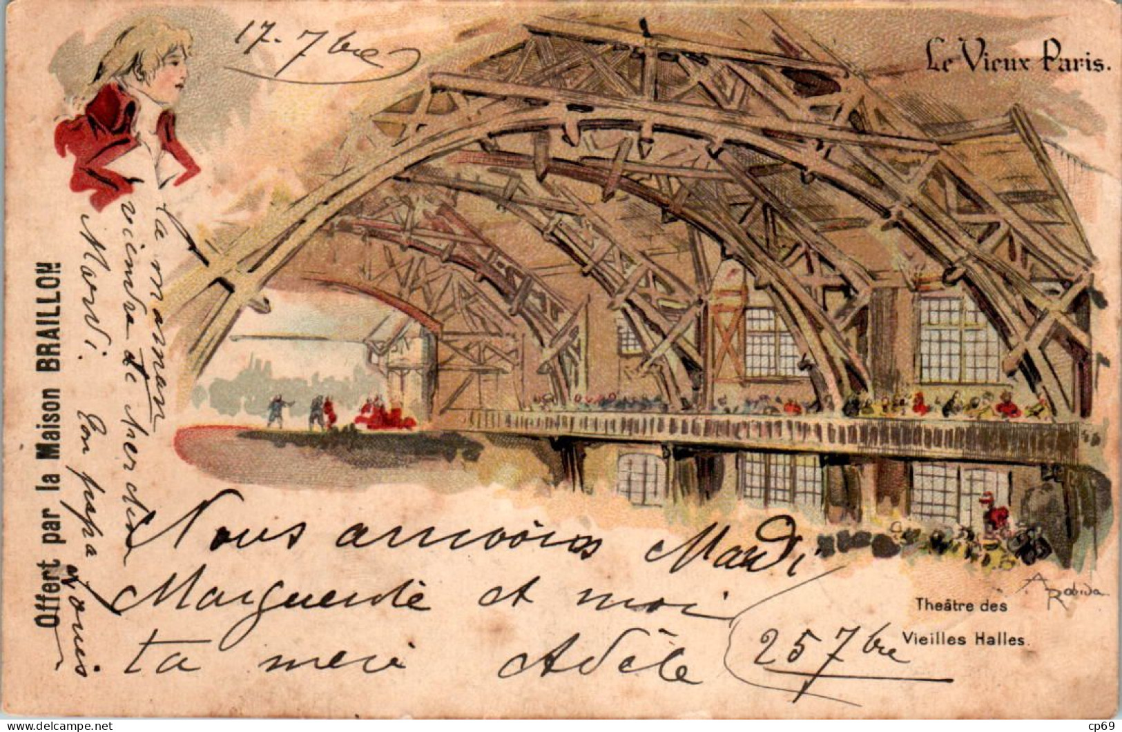 Albert Robida Le Vieux Paris Théâtre Des Vieilles Halles Dos Non Divisé Cpa Couleur Voyagée En 1900 En B.Etat - Robida