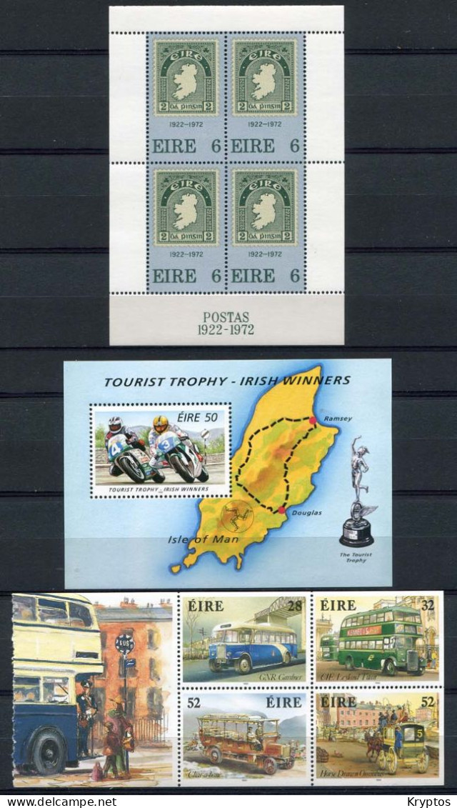 Ireland 1972 & 1993 & 1996. 3 Blocks: 'Stampsjubilee + Tourist Trophy + Busses' ALL MINT - Hojas Y Bloques