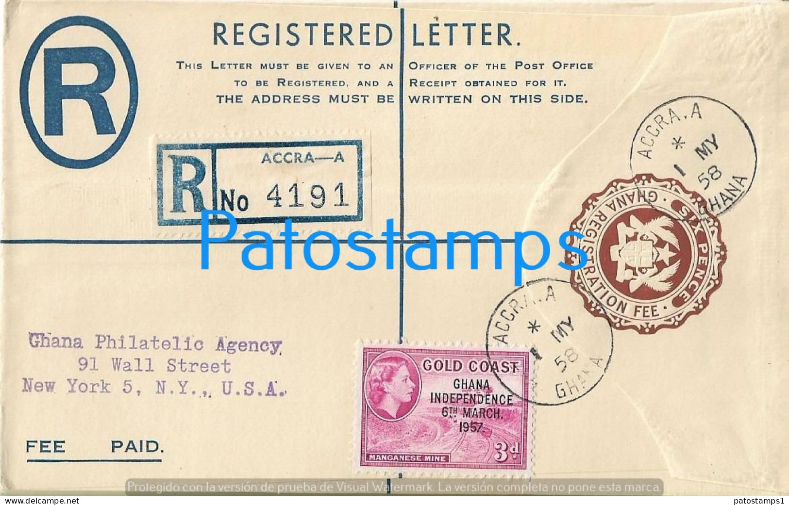 218680 AFRICA GHANA COVER CANCEL YEAR 1958 REGISTERED CIRCULATED TO US NO POSTAL POSTCARD - Ghana (1957-...)