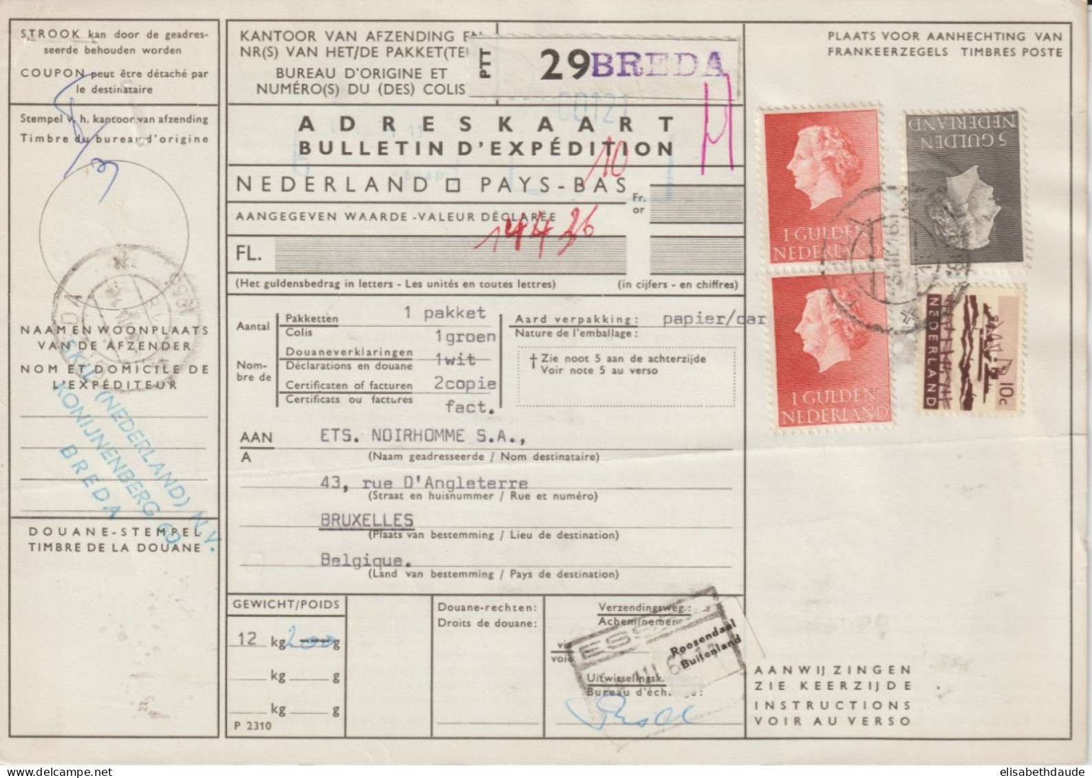 1961 - NEDERLAND - BULLETIN EXPEDITION COLIS POSTAUX ! RECOMMANDE De BREDA => BRUXELLES (BELGIQUE) ! - Brieven En Documenten