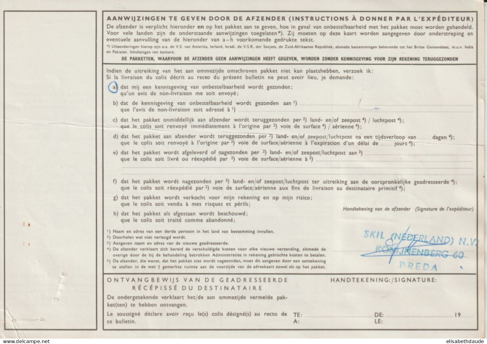 1961 - NEDERLAND - BULLETIN EXPEDITION COLIS POSTAUX ! RECOMMANDE De BREDA => BRUXELLES (BELGIQUE) ! - Briefe U. Dokumente