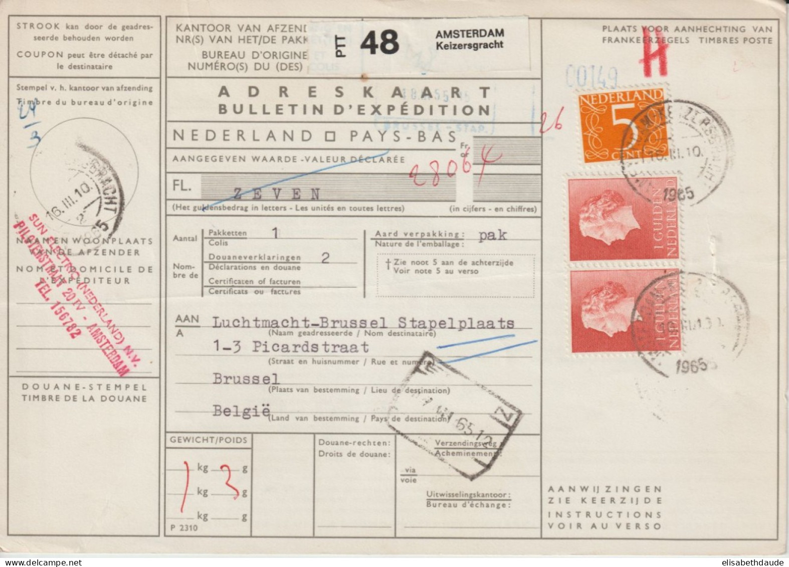 1961 - NEDERLAND - BULLETIN EXPEDITION COLIS POSTAUX ! RECOMMANDE De AMSTERDAM => BRUXELLES (BELGIQUE) ! - Cartas & Documentos