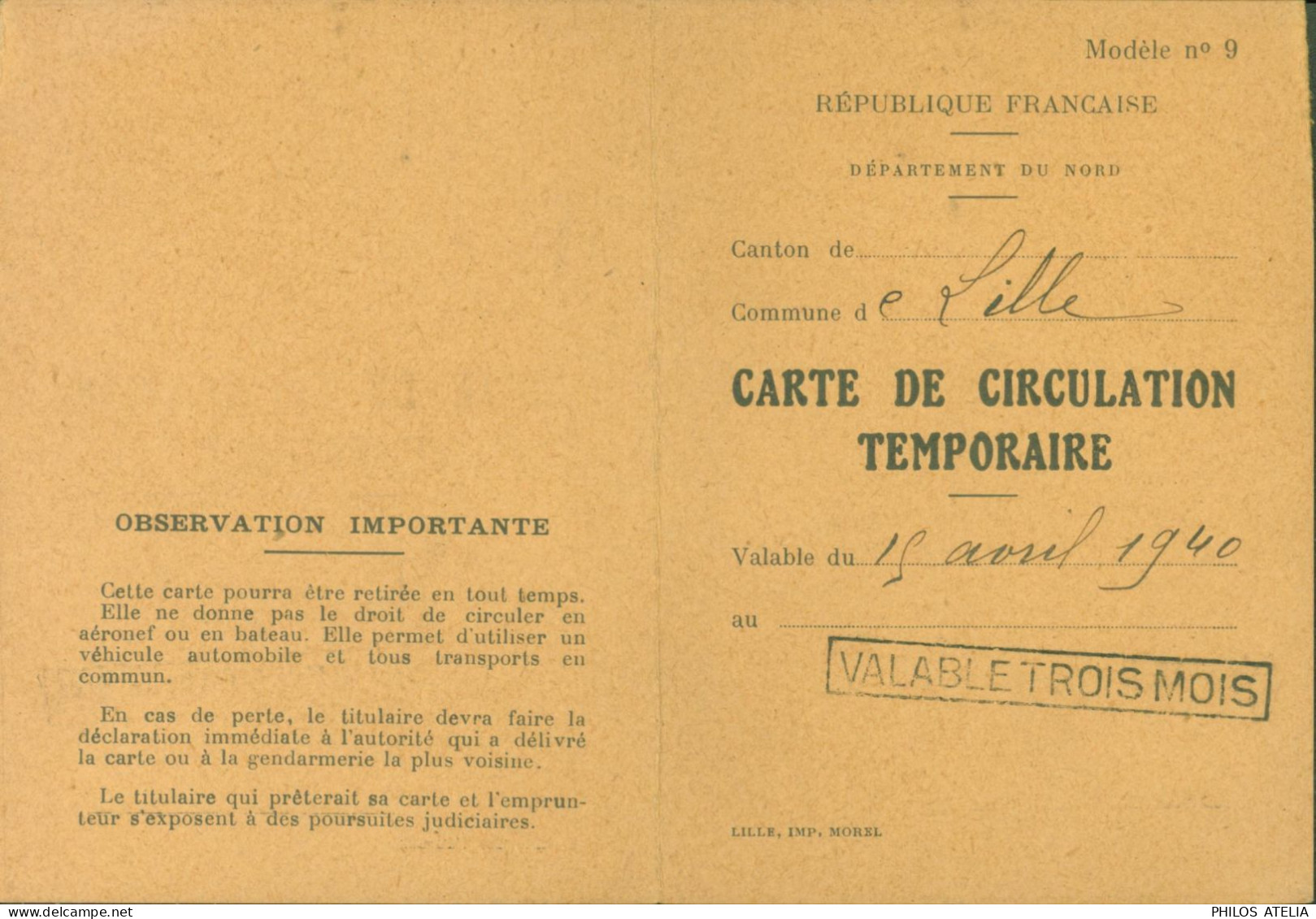 Guerre 40 Carte De Circulation Temporaire Lille 15 4 1940 Cachet Gendarmerie Nationale Lille Négociant En Charbon - Oorlog 1939-45