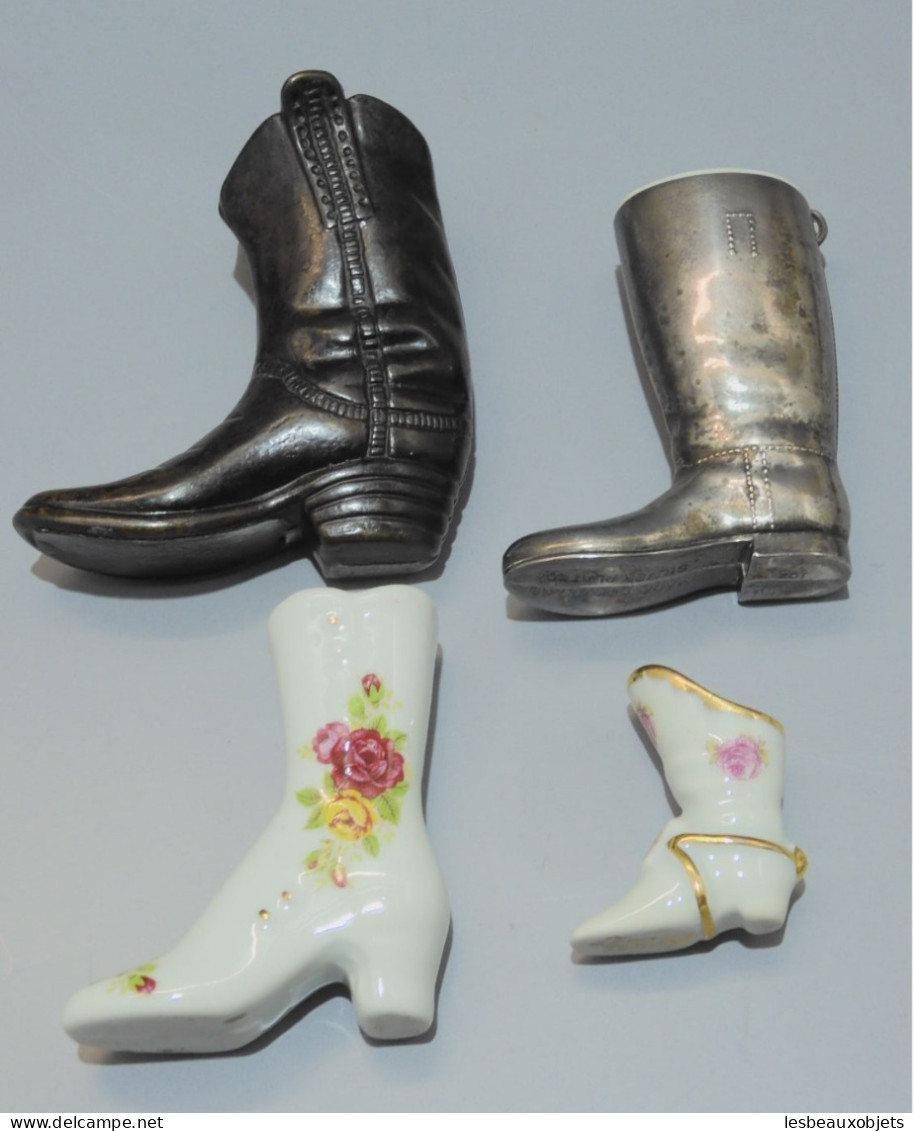 - 4 BOTTES MINIATURES 1 SANTIAG En BRONZE 1 BOTTE PORCELAINE SILVER PLATED  E - Autres & Non Classés