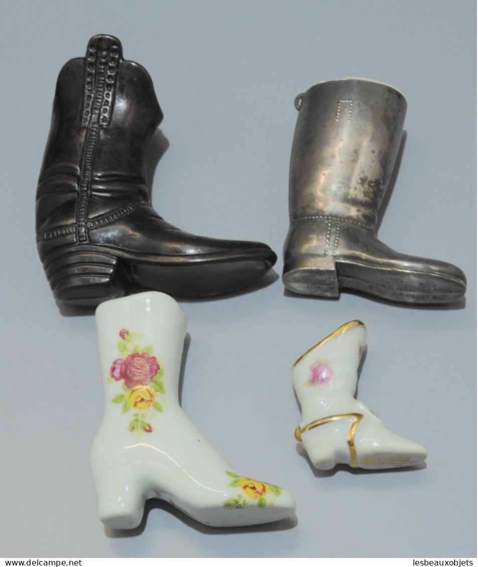 - 4 BOTTES MINIATURES 1 SANTIAG En BRONZE 1 BOTTE PORCELAINE SILVER PLATED  E - Altri & Non Classificati