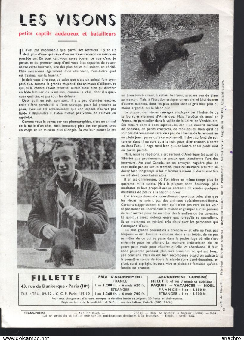 Magazine FILLETTE  N°402 De 1954 Orphelinat De Chats AGGIE LILI Le Capitaine FRACASSE - Fillette