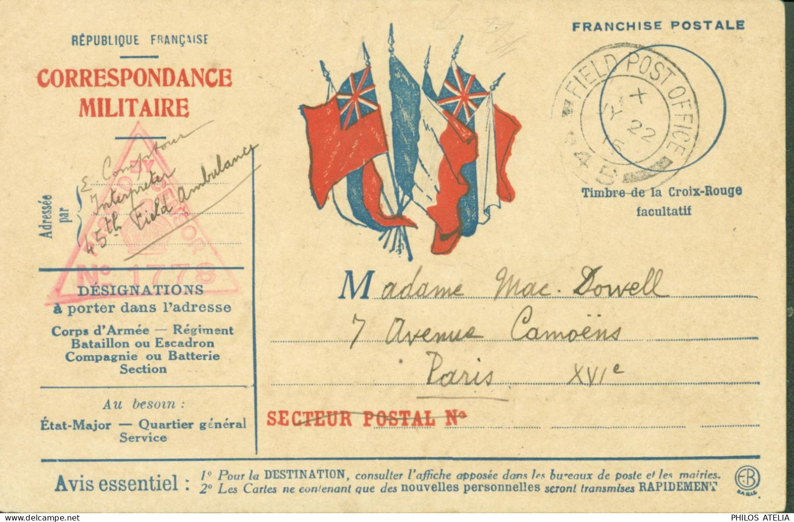 Guerre 14 CP FM De France Drapeaux Angleterre Russie France Utilisée En Angleterre CAD Field Post Service SP 45 JY 22 15 - Guerra Del 1914-18
