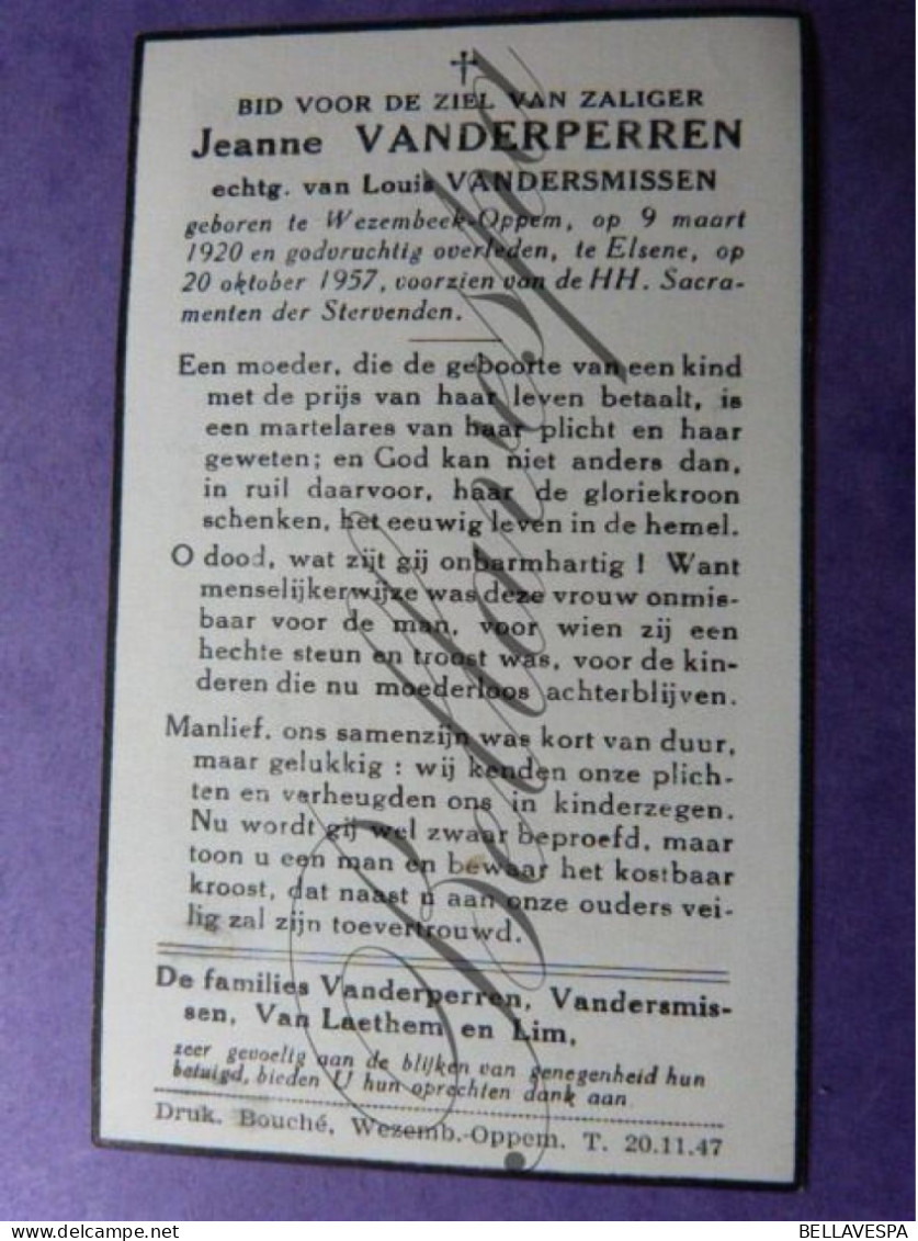 Jeanne VANDERPERREN Echt Louis VANDERSMISSEN Wezembeek-Oppem 1920 -Elsene 1957 - Devotion Images