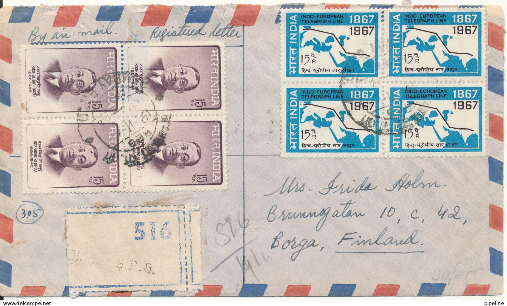 India Registered Air Mail Cover Sent To Finland 19-11-1967 With A Lot Of Stamps On Front And Backside Of The Cover - Luchtpost