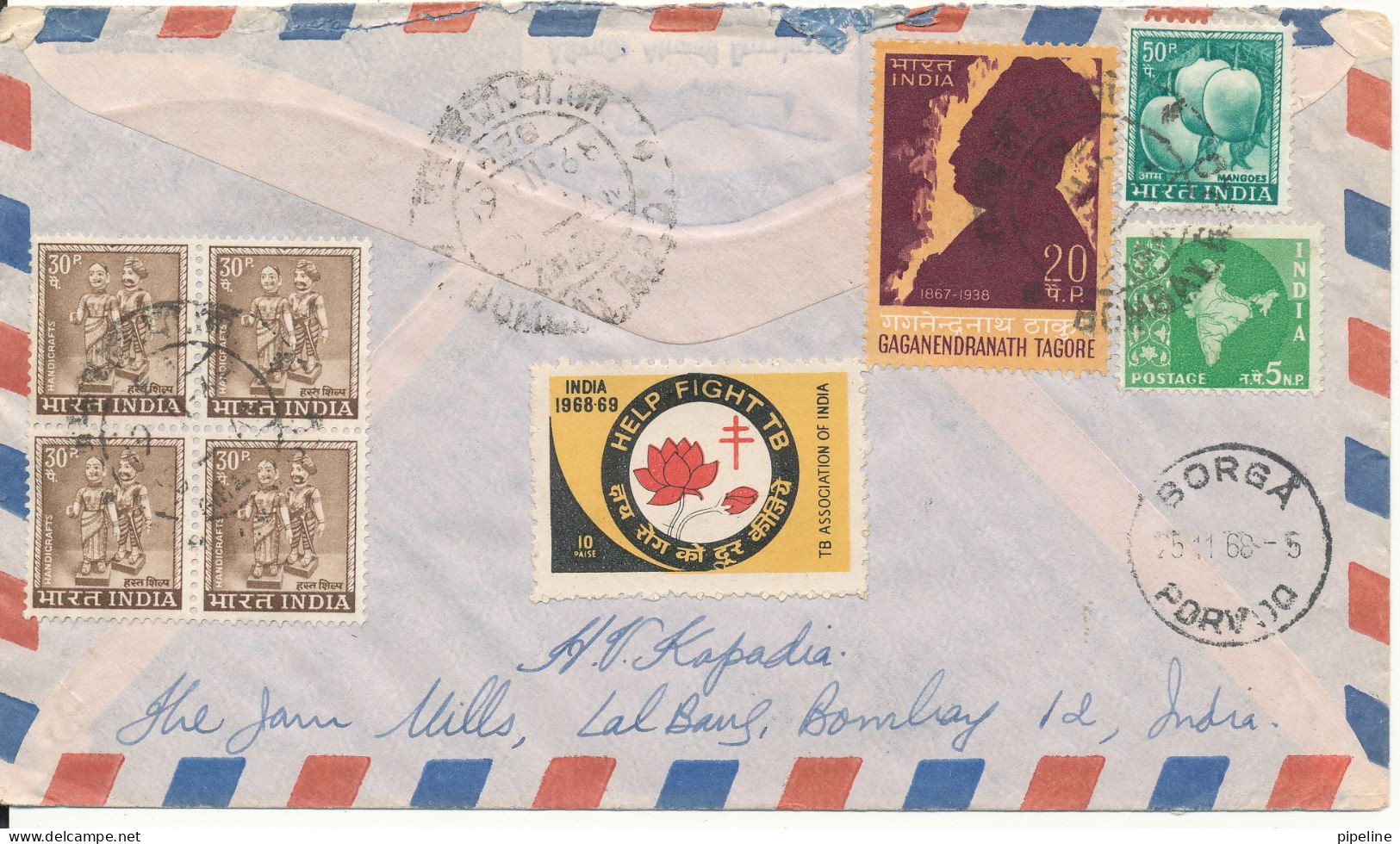 India Registered Air Mail Cover Sent To Finland 19-11-1967 With A Lot Of Stamps On Front And Backside Of The Cover - Airmail