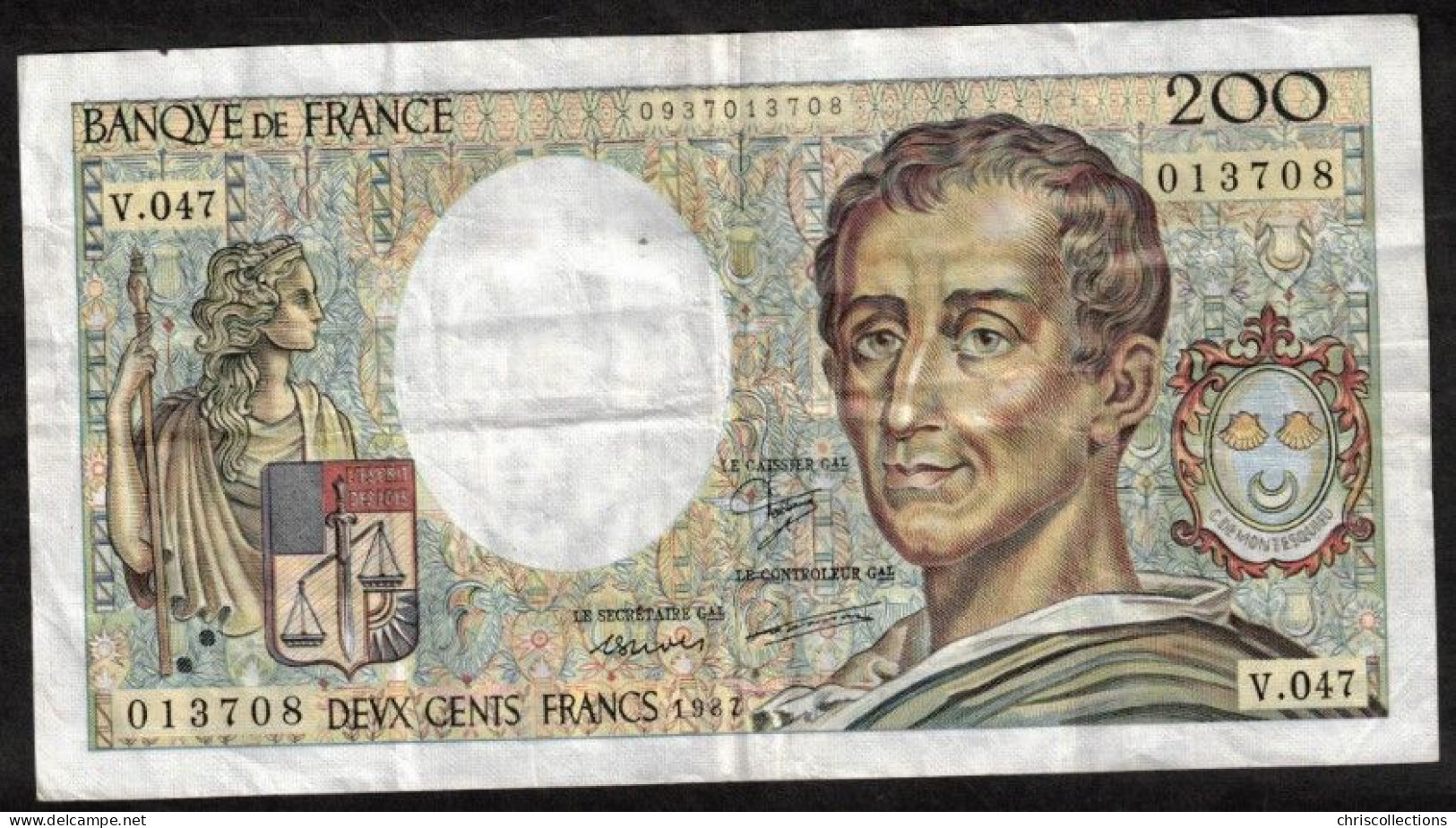 FRANCE - 200 Francs MONTESQUIEU 1987 - Type 1981/7 -Série V.047 - N° De Billet 013708 - 200 F 1981-1994 ''Montesquieu''