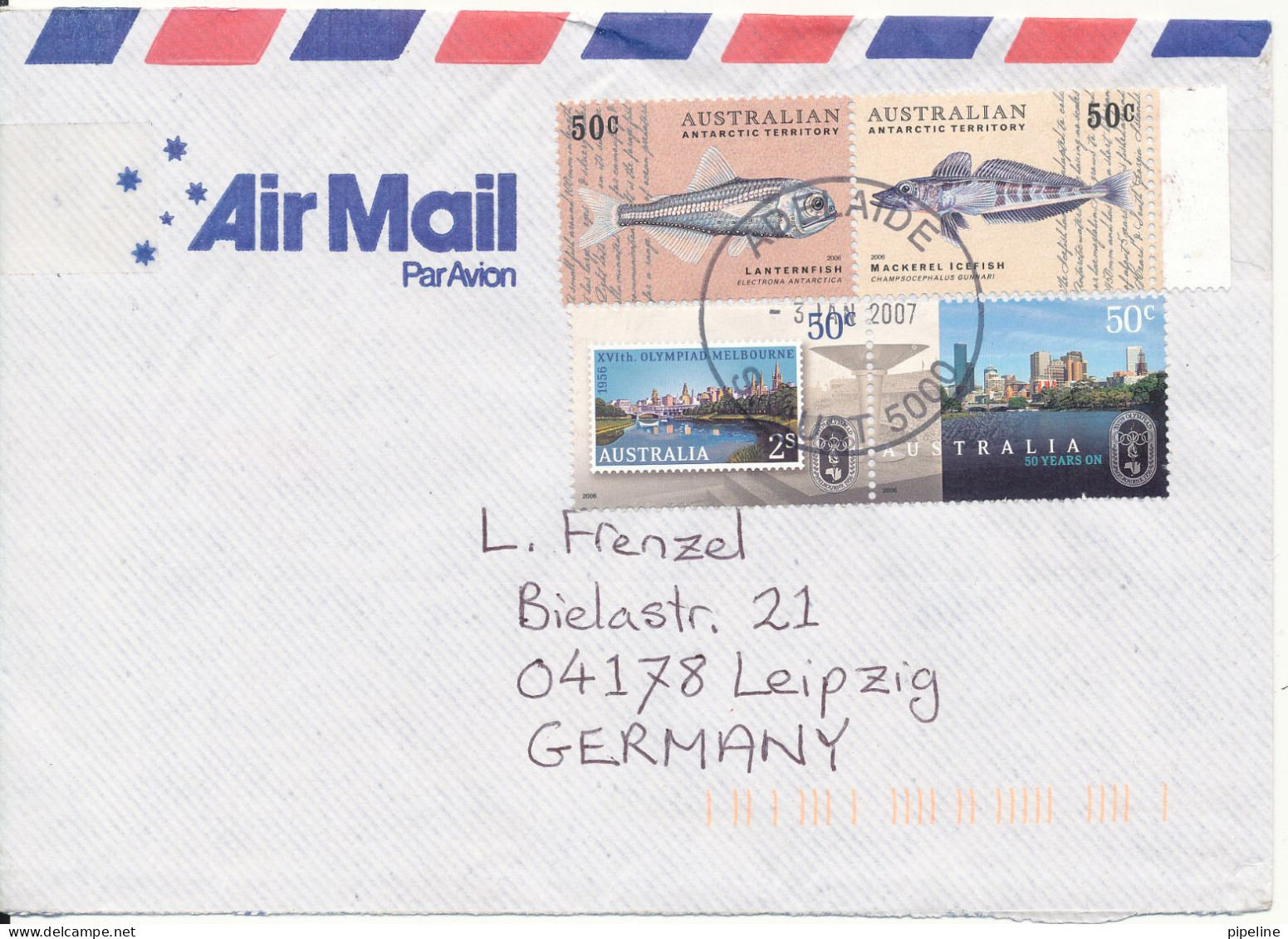 Australia Air Mail Cover Sent To Germany Australia Antarctic Stamps Adelaide 3-1-2007 FISH - Brieven En Documenten