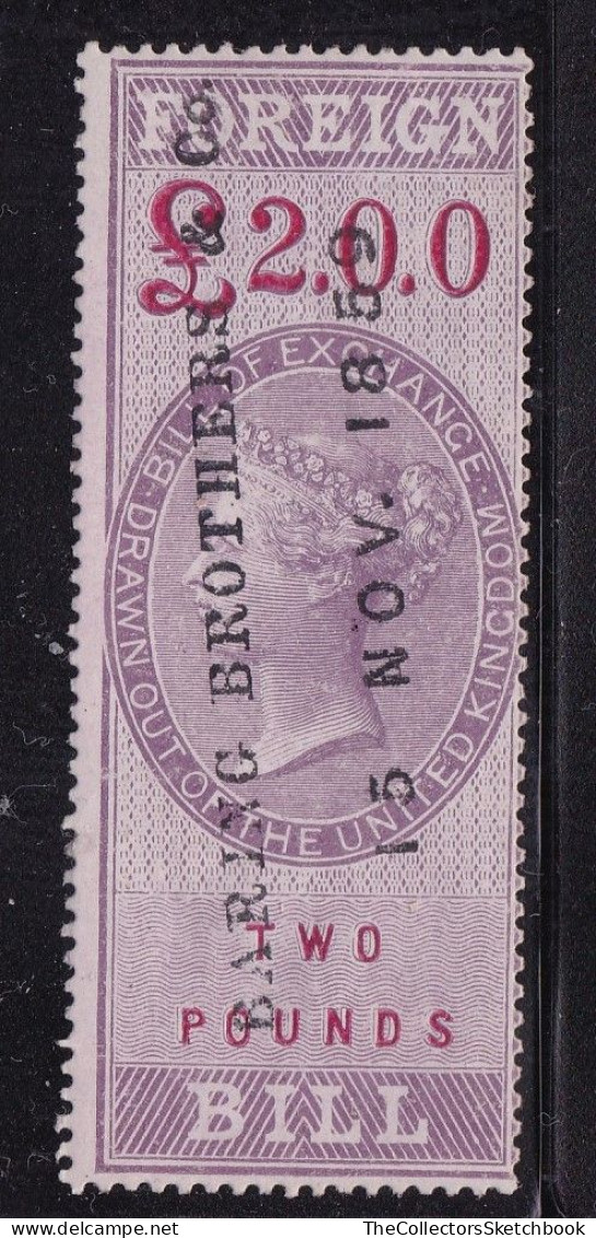 GB  GV  Fiscals / Revenues Foreign Bill;  £2 Lilac And Carmine Neatly Cancelled Good Used Barefoot 66 Perf 14 - Revenue Stamps