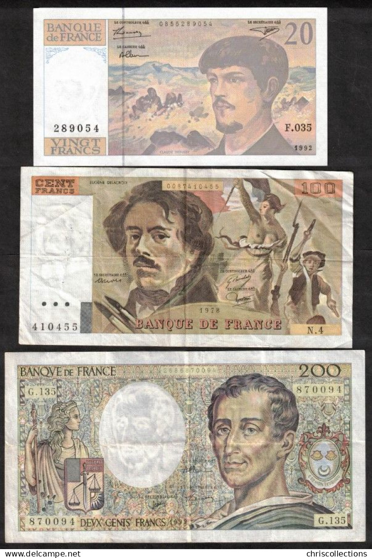 FRANCE - Lot De 3 Billets Français - 20 F Debussy - 100 F Delacroix - 200 F Montesquieu - Non Classificati