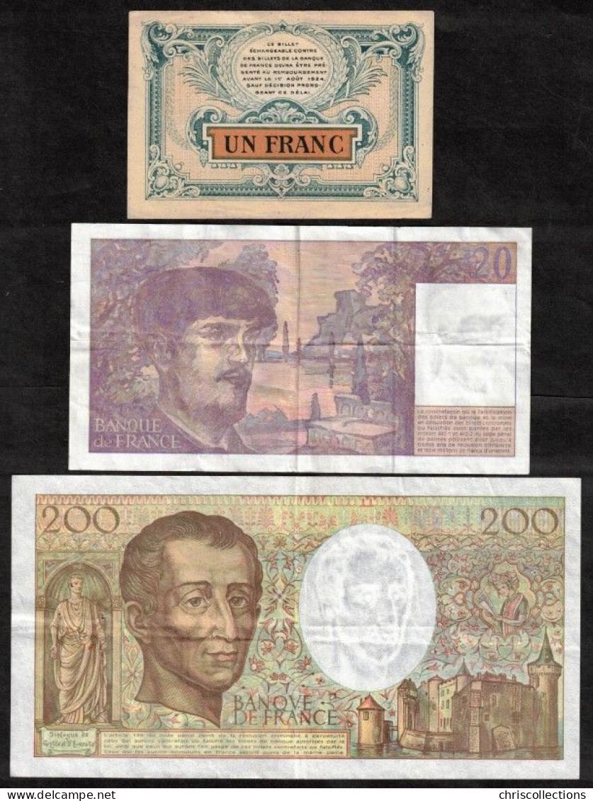 FRANCE - Lot De 3 Billets Français - 20 F Debussy - 200 F Montesquieu - 1 F Chambre De Commerce De Besançon Et Du Doubs - Ohne Zuordnung