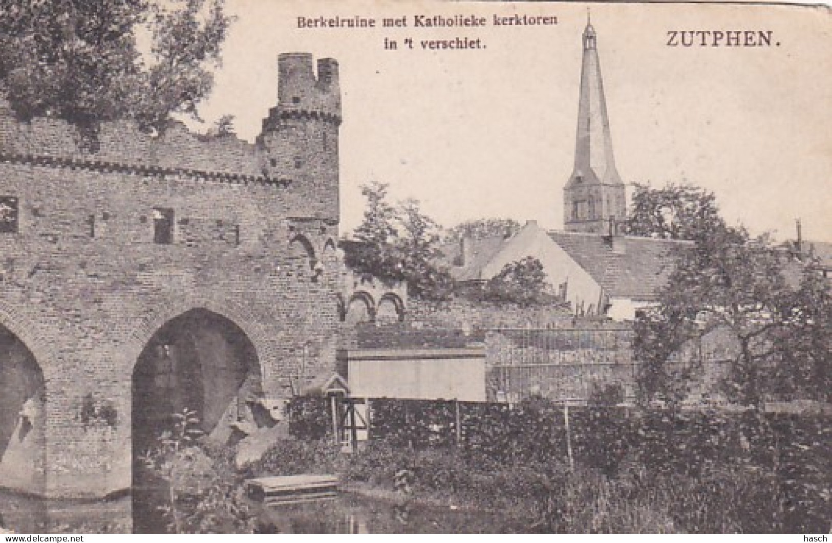 4844234Zutphen, Berkelruine Met Katholieke Kerktoren In ’t Verschiet. 1913.(zie Hoeken) - Zutphen