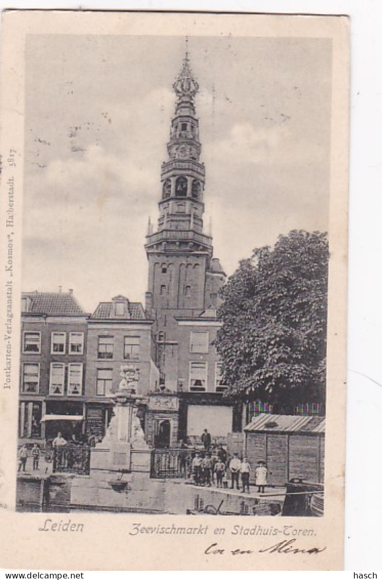 4844377Leiden, Zeevischmarkt En Stadhuis Toren. 1904. (minuscule Vouwen In De Hoeken) - Leiden