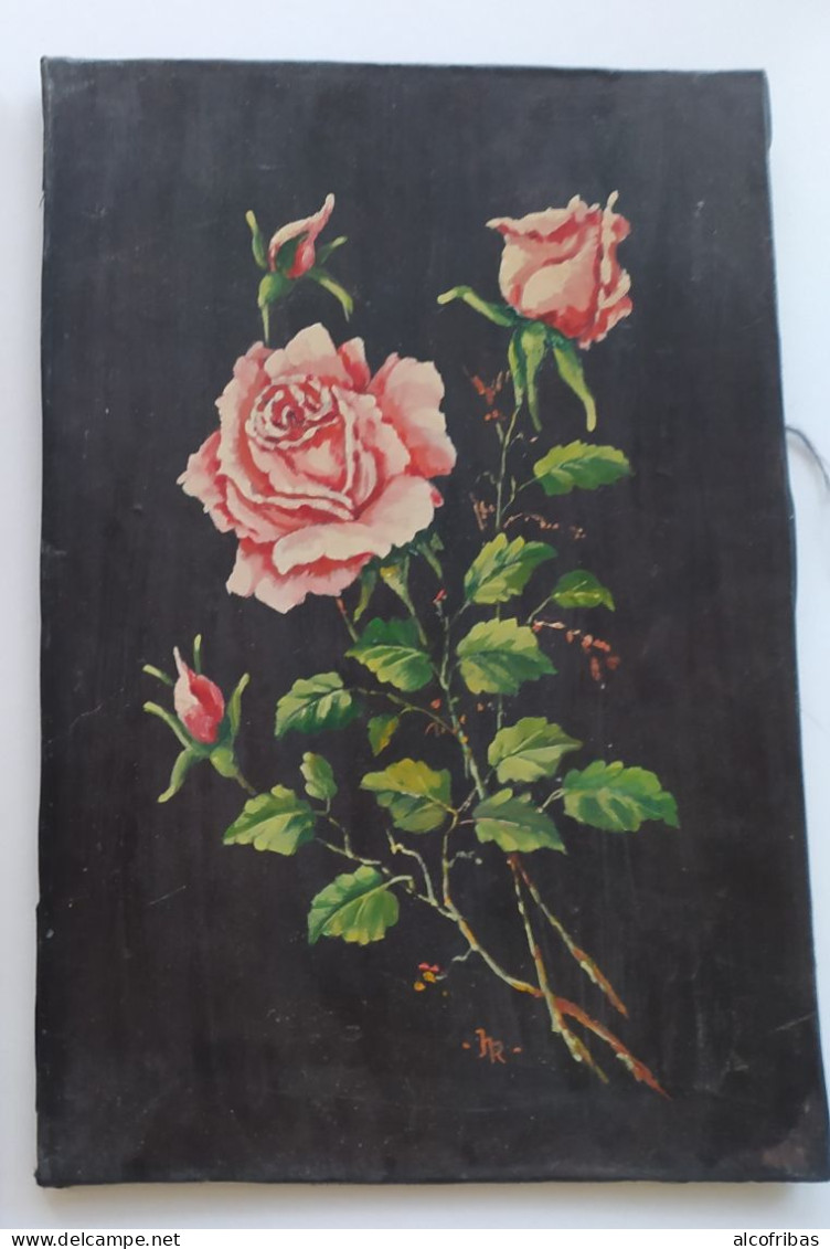 Deux  Huiles Roses Coupées Sur Tissu (soie ? ) Une Encadrée Doré Monogrammées HR - Huiles