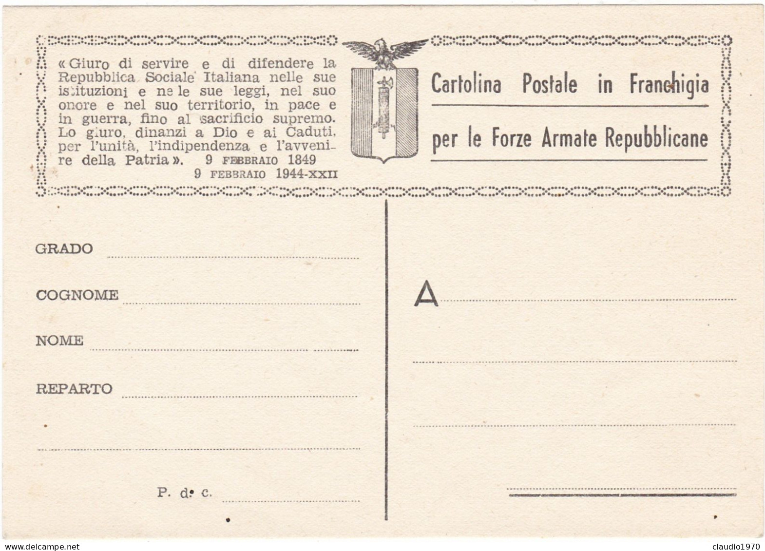 ITALIA - REPUBBLICA SOCIALE - FRANCHIGIA MILITARE -  CARTOLINA POSTALE - F 80. 1- 1944/45 - NUOVA - Ganzsachen