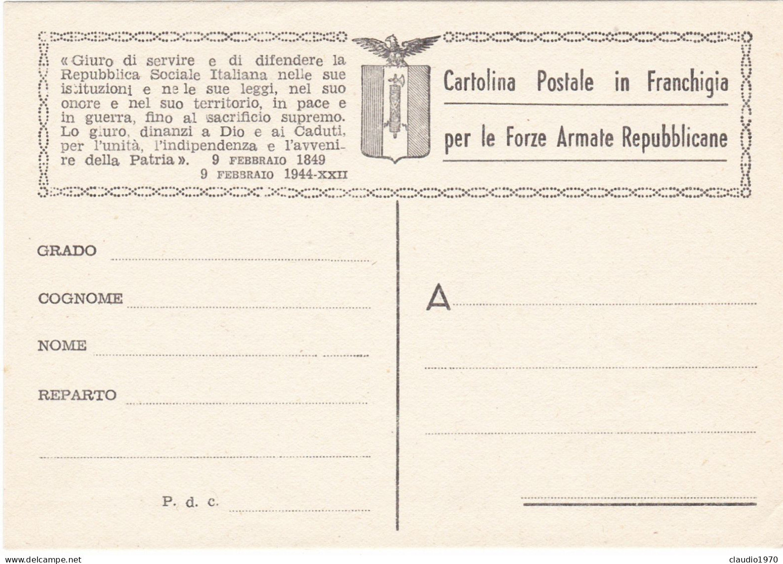 ITALIA - REPUBBLICA SOCIALE - FRANCHIGIA MILITARE -  CARTOLINA POSTALE - F 80. 1- 1944/45 - NUOVA - Ganzsachen