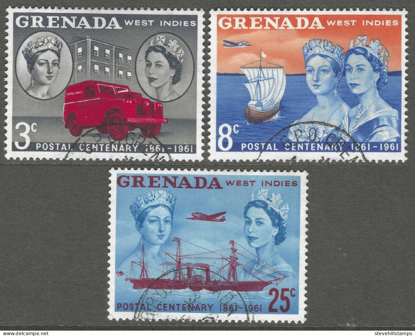 Grenada. 1961 Grenada Stamp Centenary. Used Complete Set. SG 208-210 - Grenada (...-1974)