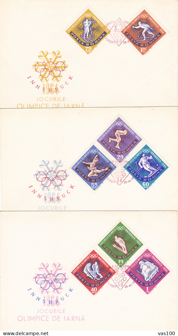 OLYMPIC GAMES, INNSBRUCK'64, WINTER SPORTS, COVER FDC, 3X, 1964, ROMANIA - Invierno 1964: Innsbruck