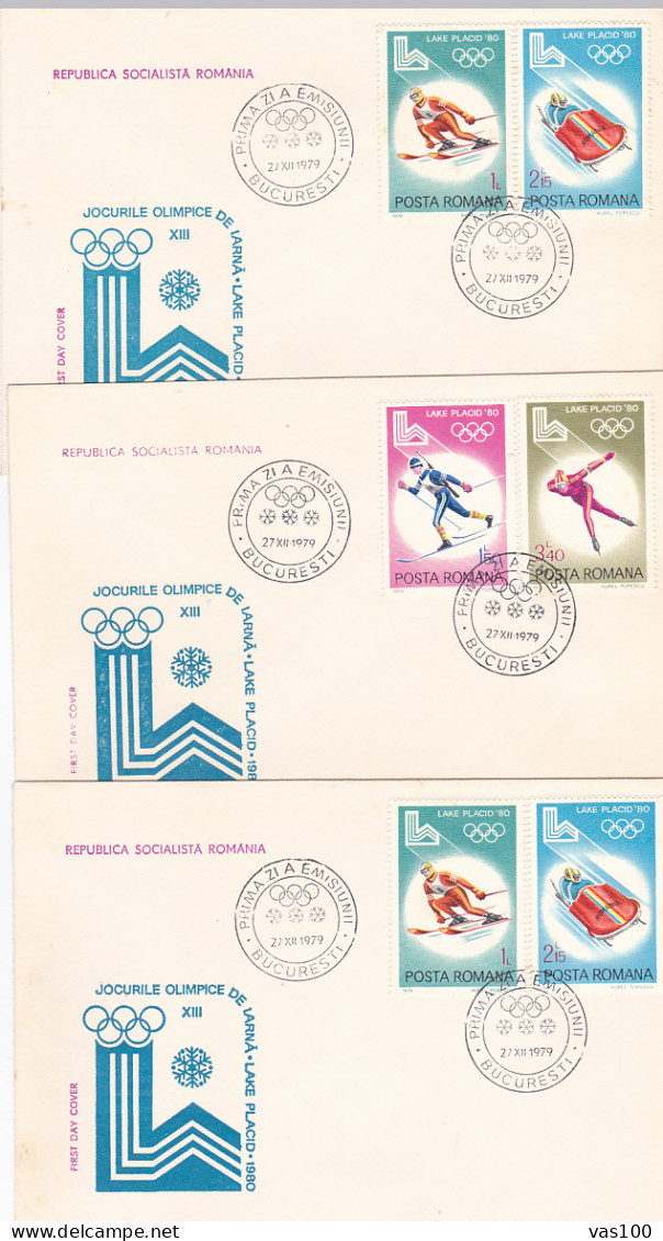 OLYMPIC GAMES, LAKE PLACID'80, WINTER SPORTS, COVER FDC, 3X, 1979, ROMANIA - Hiver 1980: Lake Placid