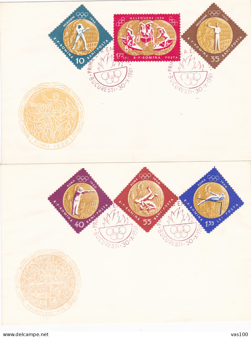 OLYMPIC GAMES, MELBOURNE'56 AND ROME'60, SPORTS, COVER FDC, 2X, 1961, ROMANIA - Ete 1956: Melbourne