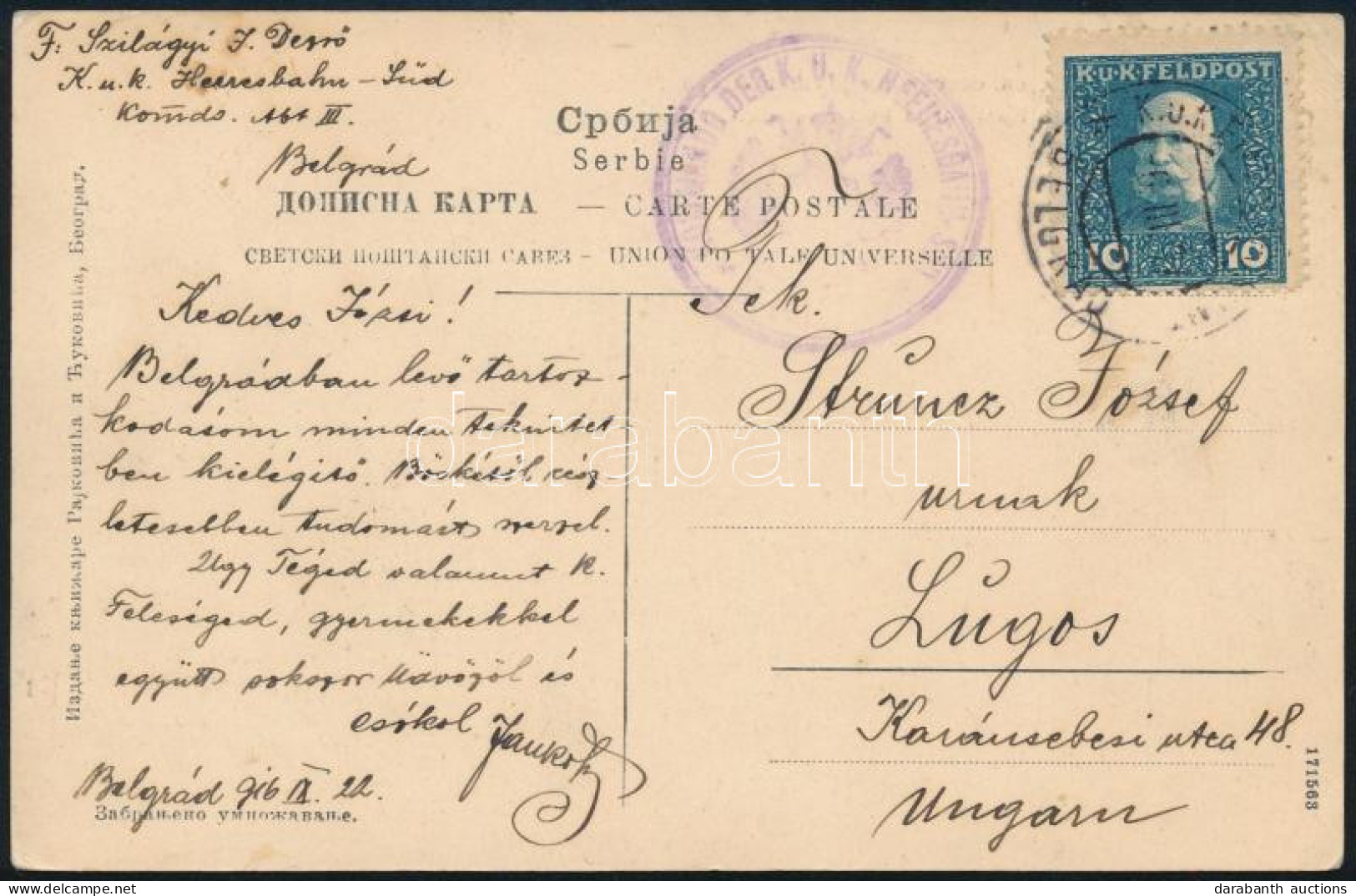 1916 Képeslap Belgrádból Lugosra - Other & Unclassified