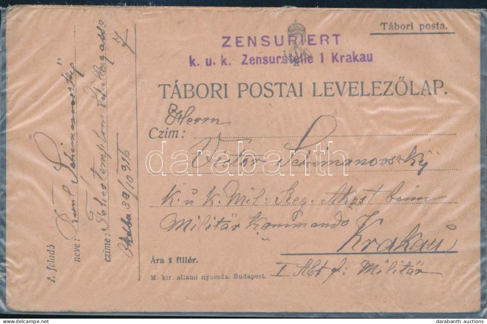 1916 Tábori Posta Levelezőlap "K.u.k. Zensurstelle 1. Krakau" - Otros & Sin Clasificación