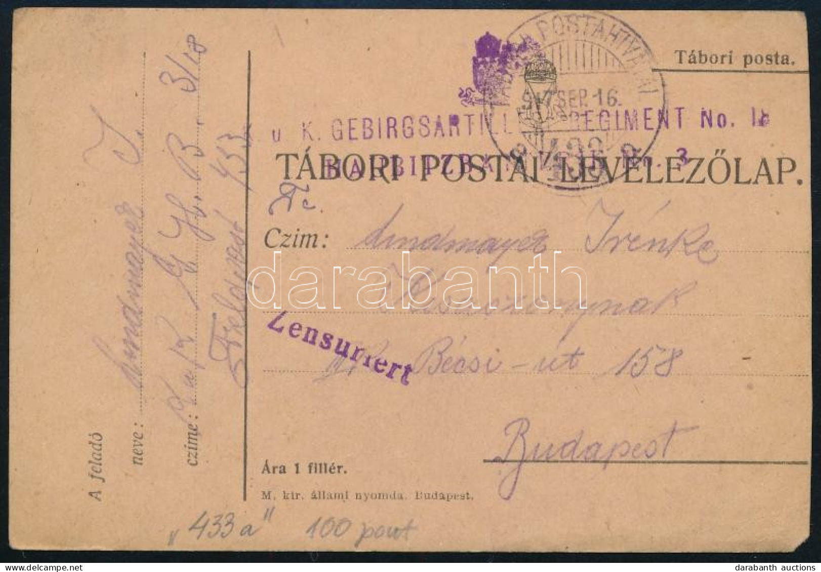 1917 Tábori Posta Levelezőlap / Field Postcard Cenzúrázva "K.u.K. GEBIRGSARTILLERIEREGIMENT No. 18 / HAUBITZBATTERIE No. - Sonstige & Ohne Zuordnung